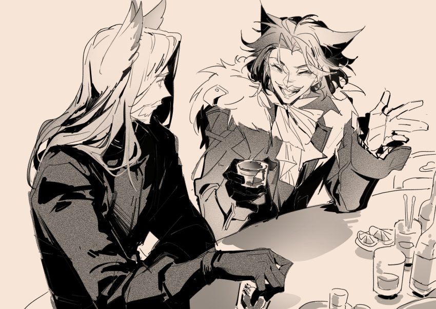 2boys, absurdres, animal_ears, arknights, beard, cat_boy, cat_ears, chinese_commentary