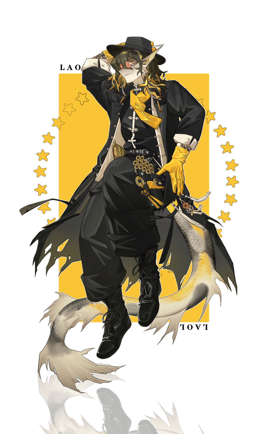 1boy, absurdres, arknights, arm_up, belt, black_belt, black_coat, black_footwear, black_hair, black_pants, black_shirt, closed_mouth, coat, dragon_boy, dragon_tail, full_body, furry, furry_male, gloves, highres, lee_(arknights), looking_at_viewer, male_focus, mixiaomoyuwangdamo_(wang_da_mo), pants, pointy_ears, shirt, solo, star_(symbol), tail, tinted_eyewear, yellow_eyes, yellow_gloves