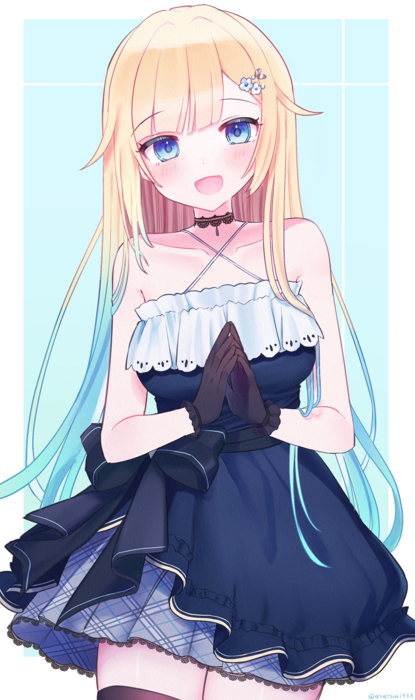 1girl, :d, absurdres, aizawa_ema, aizawa_ema_(1st_costume), aqua_background, asatsuki933, bare_shoulders, black_gloves, blonde_hair, blue_dress, blue_eyes, blue_hair, blunt_bangs, bow, choker, collarbone, cowboy_shot, criss-cross_straps, dress, flower_hairpin, gloves, gradient_hair, highres, lace, lace_choker, layered_dress, light_blush, long_hair, looking_at_viewer, multicolored_hair, open_mouth, own_hands_together, pleated_skirt, skirt, sleeveless, sleeveless_dress, smile, solo, spaghetti_strap, standing, swept_bangs, thigh-highs, virtual_youtuber, vspo!, waist_bow, zettai_ryouiki