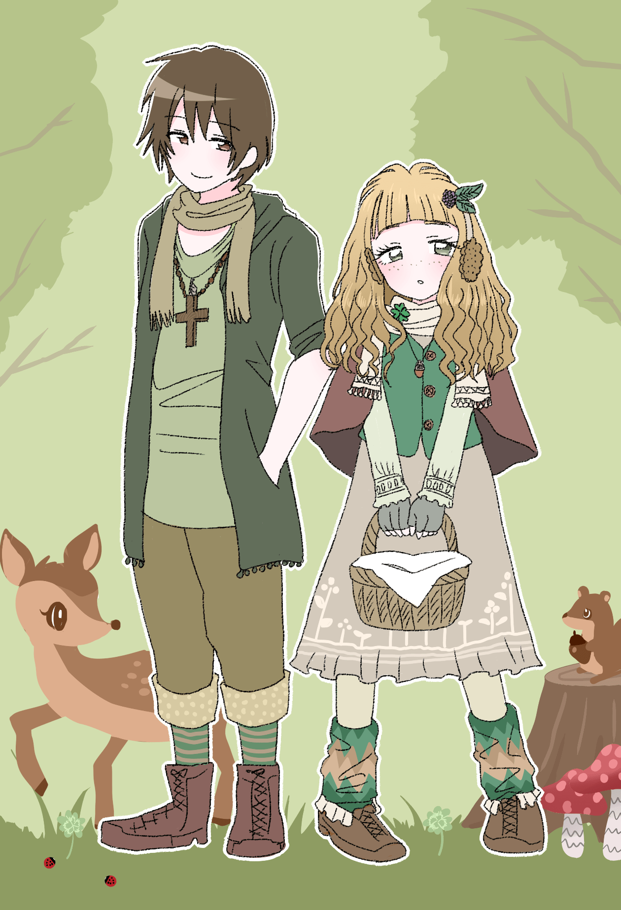 1boy, 1girl, acorn, acorn_pendant, animal, basket, blonde_hair, boots
