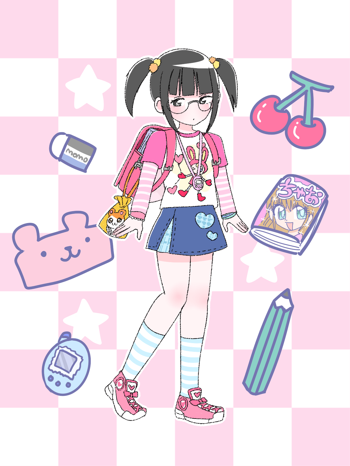 1girl, backpack, bag, berrie_(mezzo_piano), black_hair, blue_skirt, blue_socks, blunt_bangs