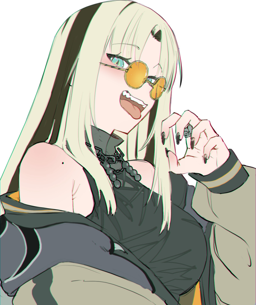 1girl, black_hair, black_nails, black_shirt, blonde_hair, blue_eyes, breasts, brown_jacket