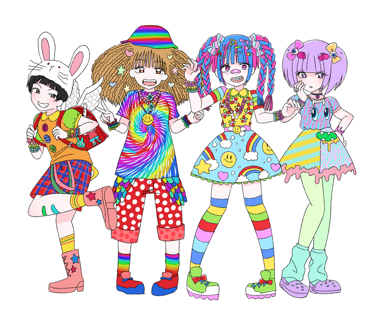 1other, 3girls, androgynous, angel_wings, animal_ears, animal_hat, animal_print, aqua_leg_warmers