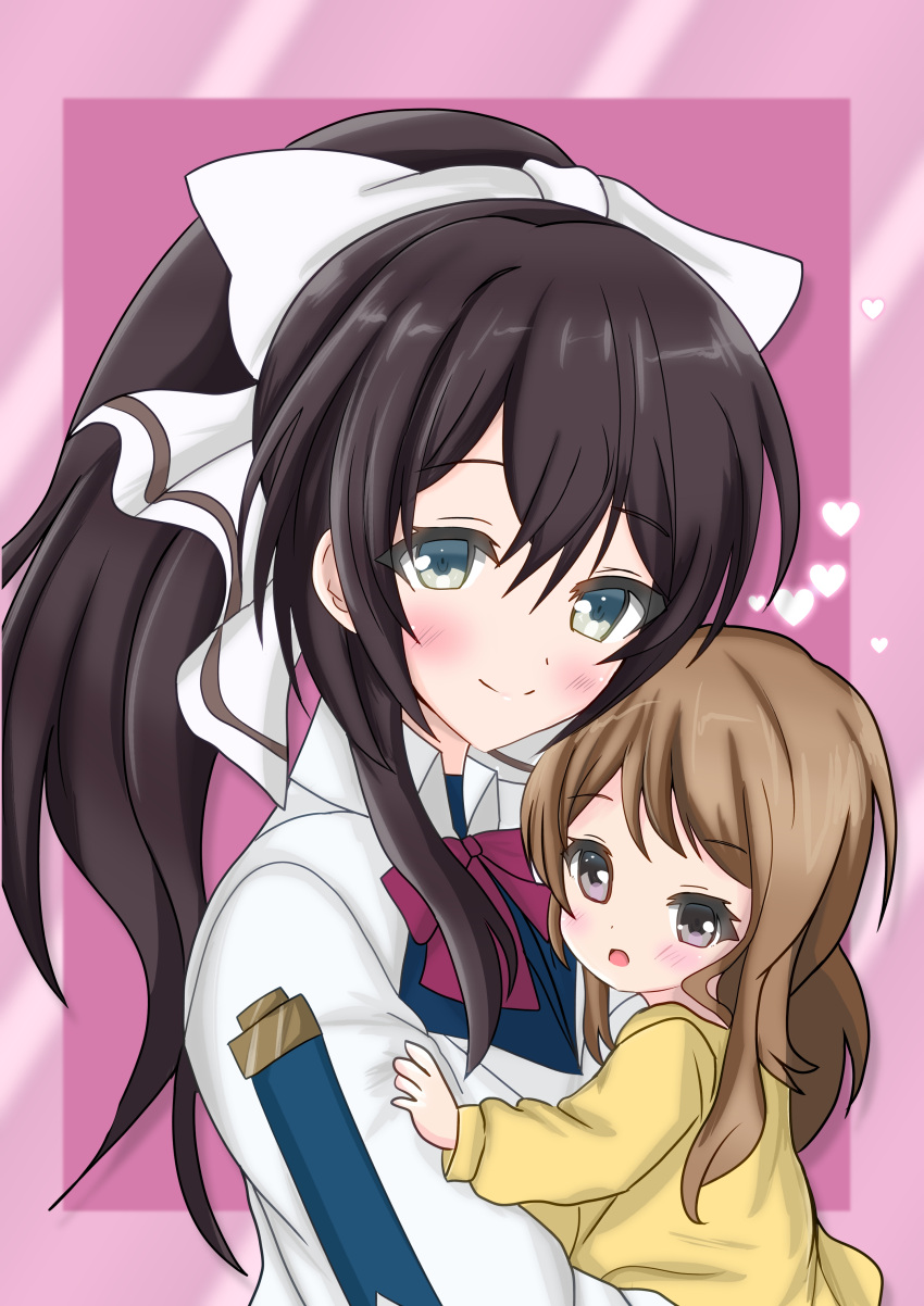 2girls, absurdres, aged_down, aqua_eyes, assault_lily, black_hair, blush, border
