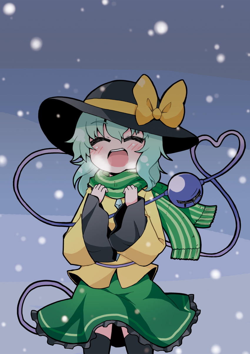 absurdres, aqua_hair, blush, bow, closed_eyes, cold, eyeball, eyes_closed, happy, hat, hat_bow, heart, heart_of_string, highres, kari_(karinimooreha), komeiji_koishi, open_mouth, outdoors, outside, scarf, skirt, snow, solo, striped, striped_scarf, thigh-highs, thighhighs, touhou