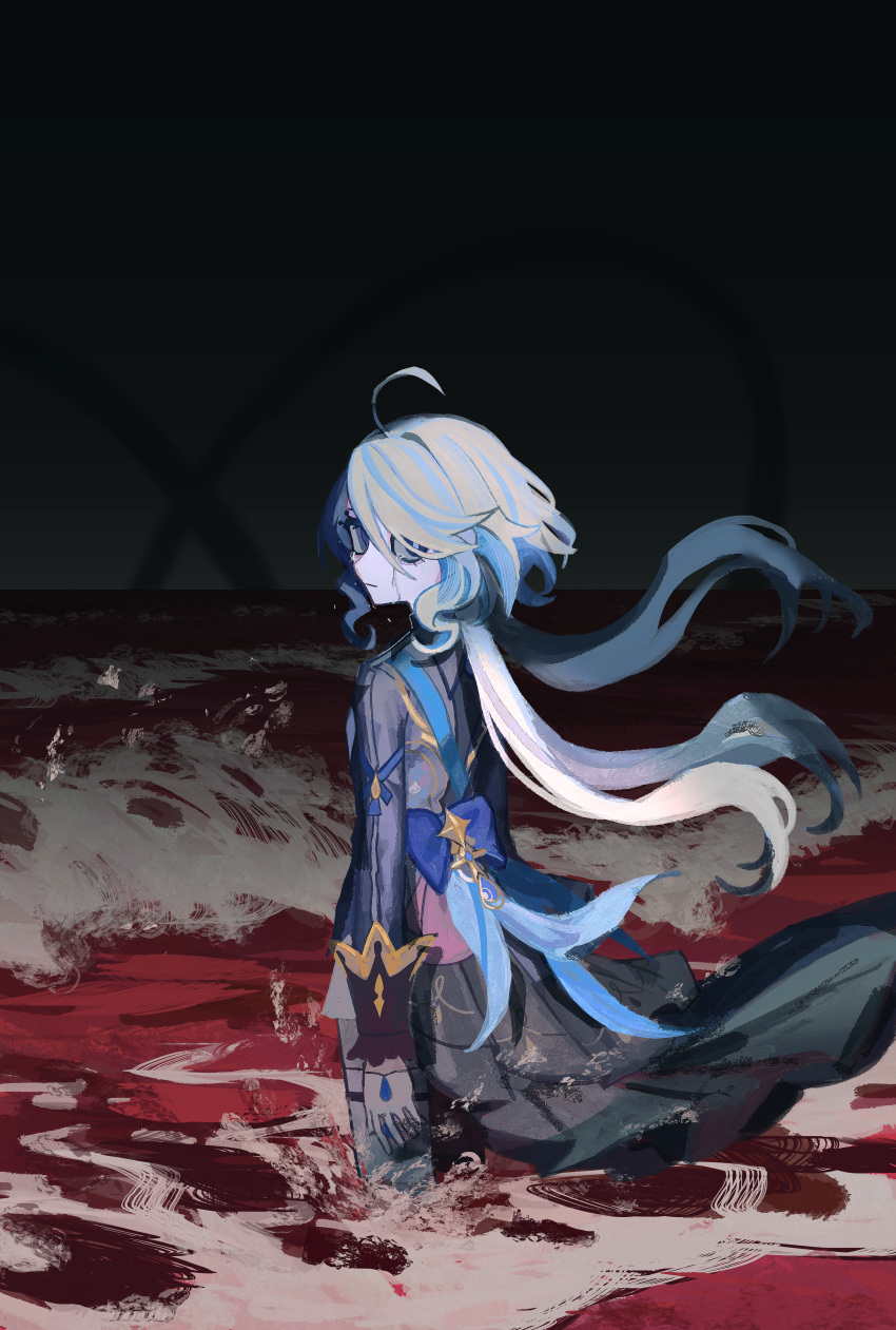 1girl, absurdres, ahoge, arms_at_sides, back_bow, blue_bow, blue_coat, blue_eyes