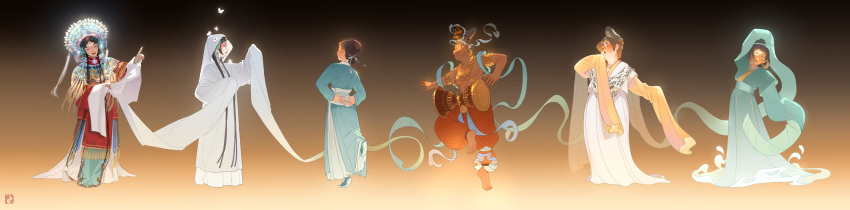 1boy, 5girls, absurdres, aqua_dress, aqua_hanfu, arms_behind_back, brown_hair, buddhism, chinese_clothes, dancer, dancing, dress, drum, dunhuang_dance, dunhuang_style, farewell_my_concubine, fat, full_body, han_dynasty, hanfu, highres, instrument, instrument_request, jiaoling_ruqun, ming_dynasty, multiple_girls, peking_opera, pointy_footwear, qing_dynasty, sleeves_past_fingers, sleeves_past_wrists, song_dynasty, standing, standing_on_one_leg, tall_hair, tang_dynasty, the_peony_pavilion, wenwen_(ww4zd), white_dress, white_hanfu, wide_image, yuan_dynasty