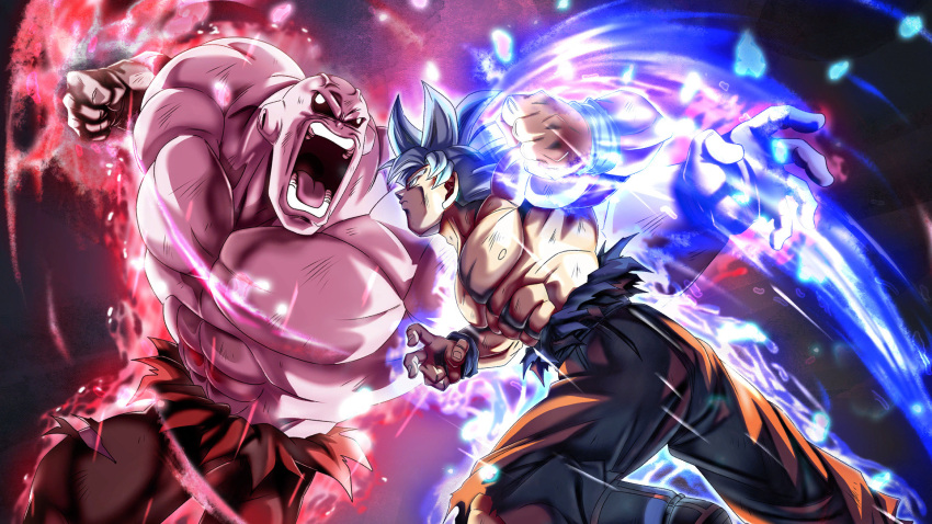 2boys, abs, alien, artist_request, bald, bare_pectorals, battle, black_eyes