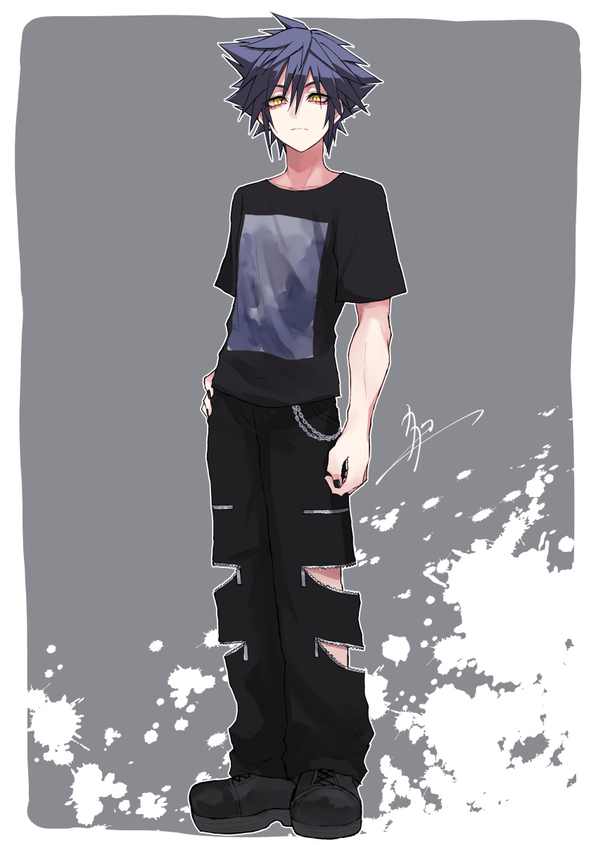 1boy, absurdres, black_hair, black_pants, black_shirt, closed_mouth, denim, expressionless, highres, jeans, kagachi_118, kingdom_hearts, kingdom_hearts_birth_by_sleep, looking_at_viewer, male_focus, pants, print_shirt, shirt, short_hair, signature, standing, t-shirt, torn_clothes, torn_jeans, torn_pants, vanitas_(kingdom_hearts), yellow_eyes