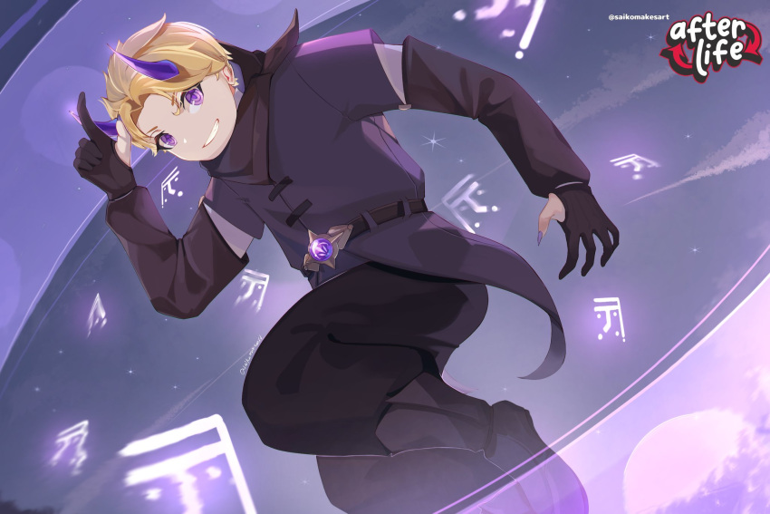 1boy, afterlife_smp, animification, artist_name, belt, belt_buckle, black_gloves, black_neckerchief, black_pants, boots, buckle, commentary, copyright_name, english_commentary, gem, gloves, grey_footwear, grin, highres, horns, logo, looking_at_viewer, male_focus, minecraft_youtube, neckerchief, pants, purple_gemstone, purple_horns, purple_tunic, saikomakesart, short_hair, smile, solidaritygaming, solidaritygaming_(thornling), solo, tunic, violet_eyes
