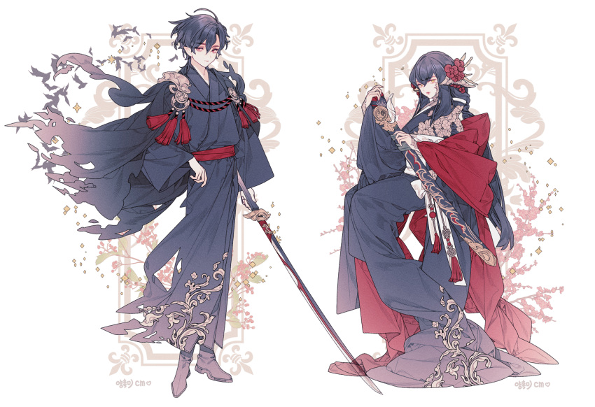 1boy, 1girl, ahoge, black_footwear, black_hair, black_kimono, double-parted_bangs, embroidery, fashion, floral_background, floral_print, flower, full_body, hair_flower, hair_ornament, holding, holding_sword, holding_weapon, japanese_clothes, katana, kimono, lemon89h, long_hair, looking_at_viewer, original, parted_bangs, pointy_ears, red_eyes, red_flower, red_shawl, shawl, sidelocks, sitting, standing, sword, tassel, torn_clothes, weapon, yellow_eyes