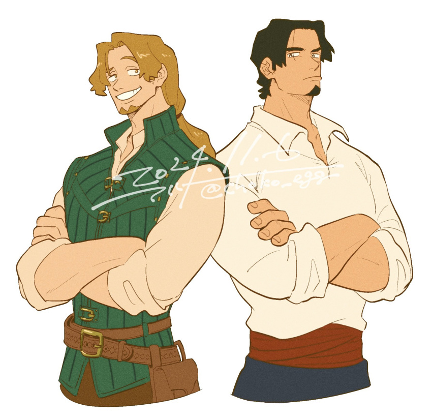 2boys, black_hair, blonde_hair, choko_egg, commentary_request, cropped_legs, crossed_arms, dated