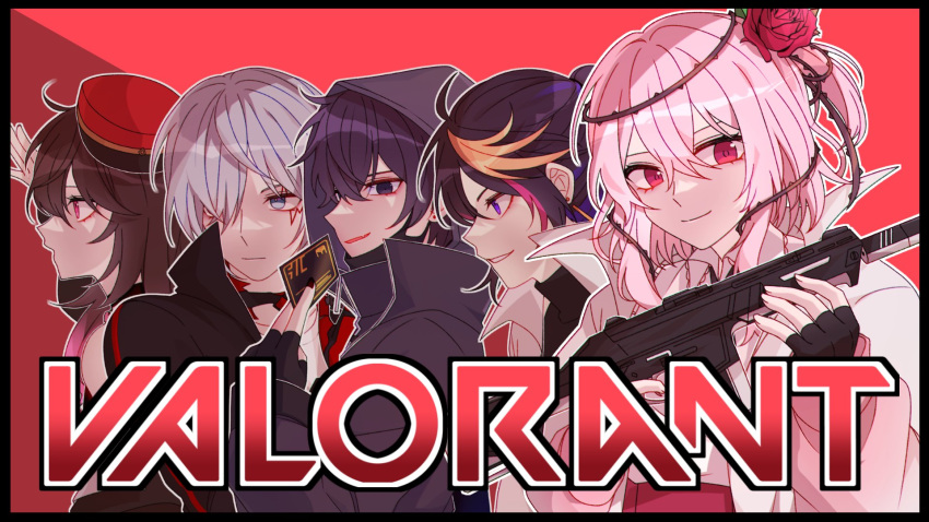 2girls, 3boys, black_border, black_choker, black_hair, black_jacket, black_nails, blonde_hair