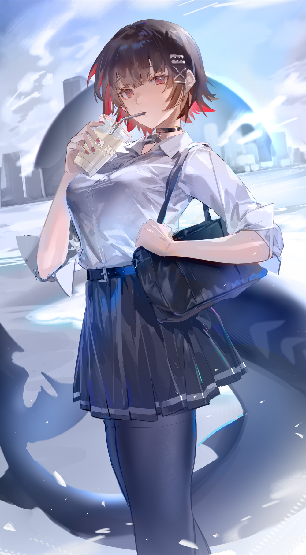 1girl, beach, belt, belt_buckle, black_belt, black_choker, black_hair, black_pantyhose, black_skirt, buckle, choker, city, colored_inner_hair, commentary_request, cup, drinking_straw, drinking_straw_in_mouth, ellen_joe, feet_out_of_frame, hair_ornament, highres, holding, holding_cup, looking_at_viewer, miyazakisoul, multicolored_hair, ocean, outdoors, pantyhose, red_eyes, redhead, shirt, short_hair, skirt, sleeves_rolled_up, solo, standing, two-tone_hair, white_shirt, x_hair_ornament, zenless_zone_zero