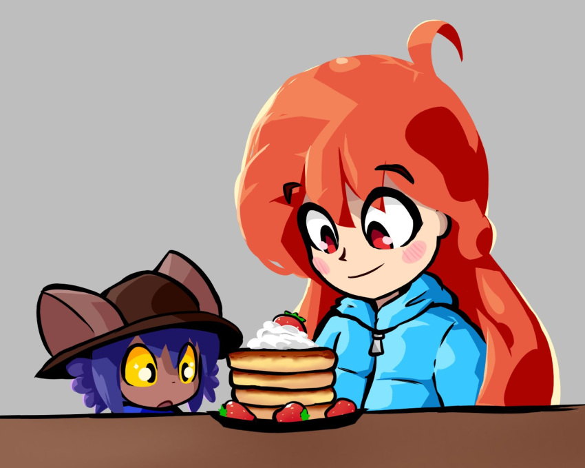 1girl, 1other, ahoge, androgynous, animal_hat, blue_hair, blue_jacket, blue_scarf, brown_hat, cat_hat, celeste_(video_game), child, closed_mouth, colored_sclera, commentary, crossover, down_jacket, english_commentary, food, fruit, hat, jacket, long_hair, long_sleeves, looking_at_food, madeline_(celeste), medium_hair, mouthwash_inc, niko_(oneshot), oneshot_(game), orange_hair, pancake, parted_lips, red_eyes, scarf, smile, strawberry, upper_body, whipped_cream, yellow_sclera, zipper_pull_tab