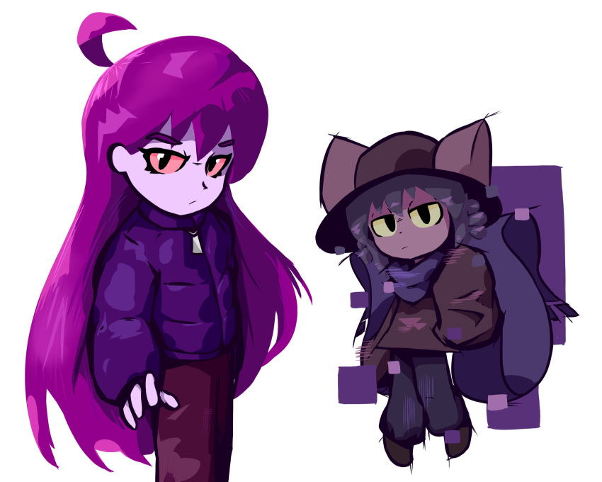 1girl, 1other, ahoge, androgynous, animal_hat, badeline, brown_coat, brown_hat, cat_hat, celeste_(video_game), coat, colored_sclera, colored_skin, commentary, crossover, down_jacket, english_commentary, floating, hat, highres, jacket, long_hair, long_sleeves, looking_at_viewer, medium_hair, mouthwash_inc, oneshot_(game), pants, purple_hair, purple_jacket, purple_pants, purple_scarf, purple_skin, red_sclera, scarf, simple_background, sleeves_past_fingers, sleeves_past_wrists, square, the_world_machine, very_long_sleeves, white_background, yellow_sclera, zipper_pull_tab
