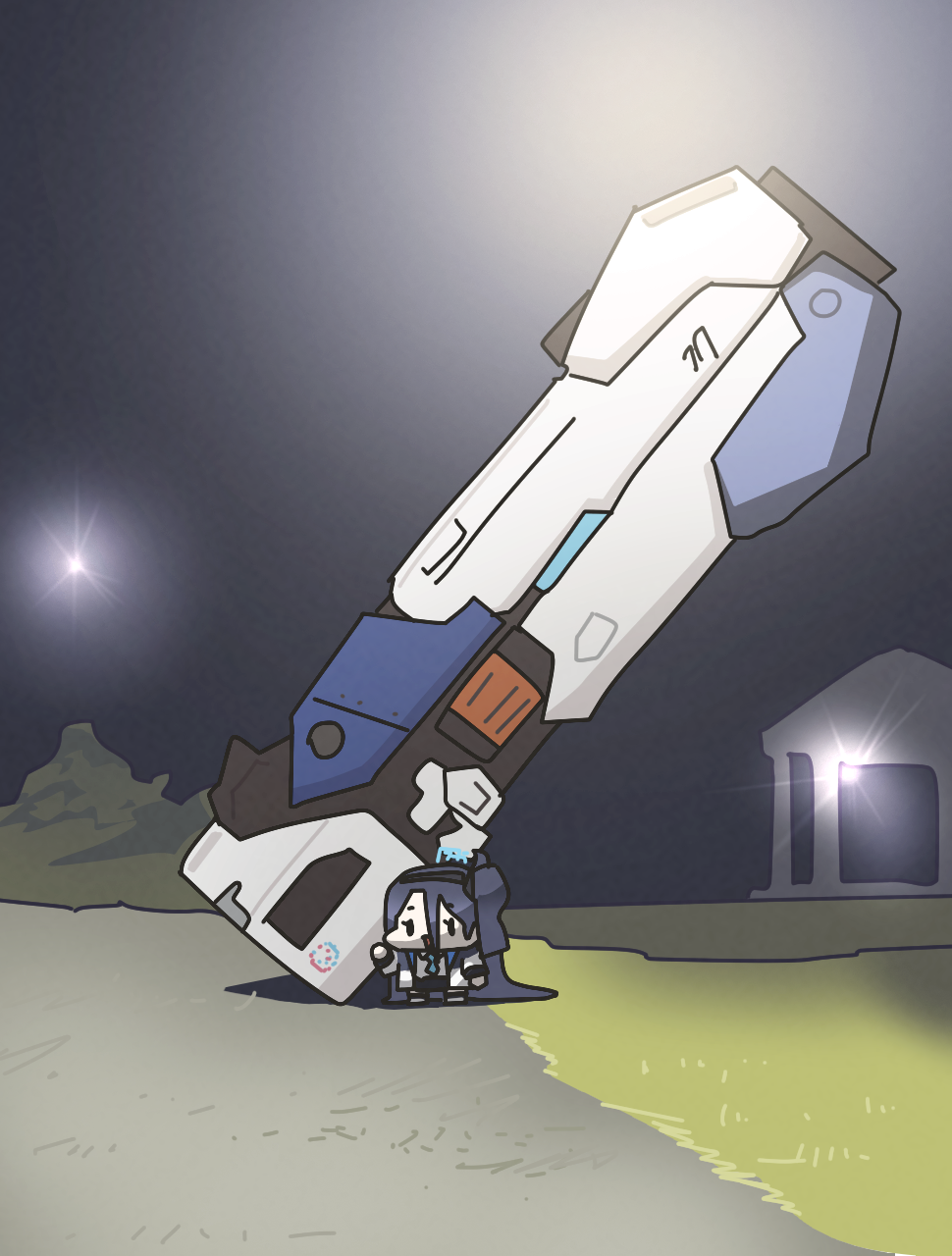 1girl, absurdly_long_hair, aris_(blue_archive), black_hair, blue_archive, cannon, chibi, chibi_only, energy_cannon, grass, hair_between_eyes, halo, highres, huge_weapon, jacket, long_hair, looking_at_viewer, necktie, one_side_up, outdoors, photo-referenced, sechi_(sechihyeo), solo, standing, very_long_hair, weapon