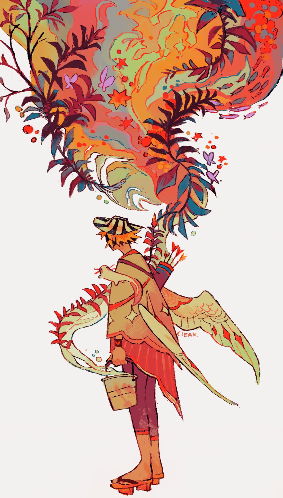 1boy, abstract, arrow_(projectile), axolotl, bird_boy, bird_wings, blonde_hair, bucket