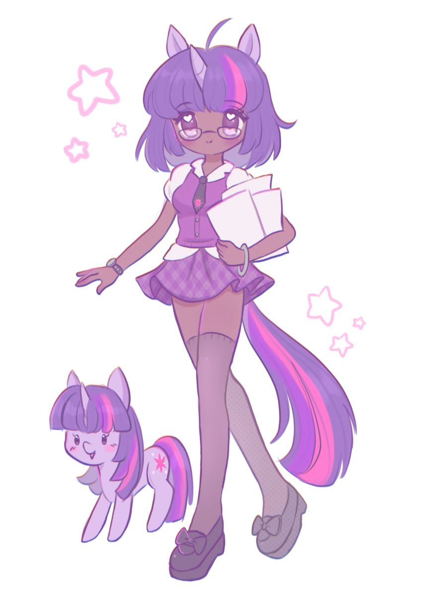 1girl, ahoge, alternate_hair_length, alternate_hairstyle, animal, animal_ears, animification, breasts, chellyko, commentary, creature_and_personification, cutie_mark, dark-skinned_female, dark_skin, dual_persona, english_commentary, full_body, glasses, highres, holding, holding_paper, horns, horse_ears, horse_girl, horse_tail, my_little_pony, my_little_pony:_friendship_is_magic, necktie, paper, personification, pony_(animal), purple_hair, purple_skirt, purple_vest, shoes, short_hair, simple_background, single_horn, skirt, small_breasts, solo_focus, standing, tachi-e, tail, twilight_sparkle, unicorn, unicorn_girl, unicorn_horn, very_dark_skin, vest, watch, watch, white_background, zettai_ryouiki
