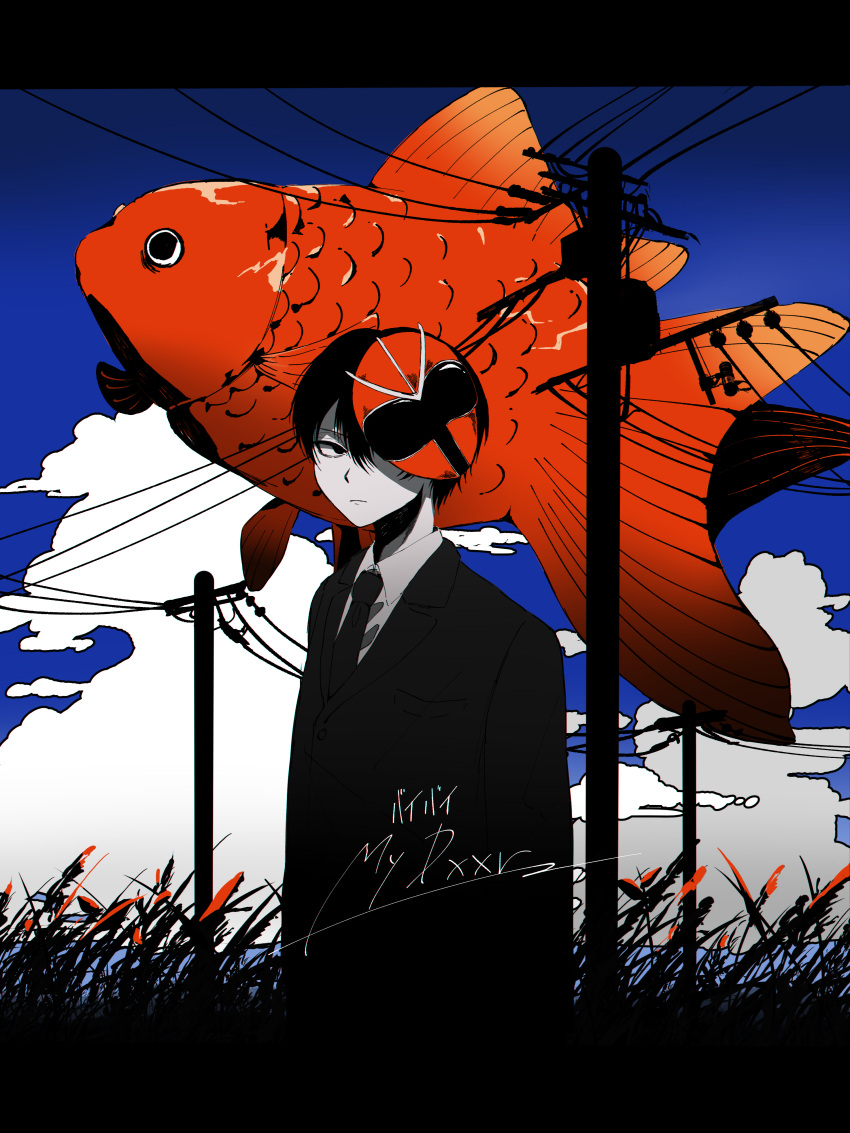 1boy, absurdres, animal, black_hair, black_necktie, black_suit, blue_sky, closed_mouth