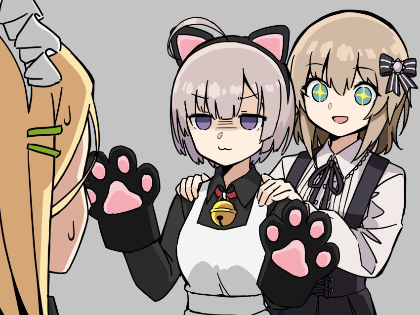 3girls, ahoge, animal_hands, apron, blonde_hair, gloves, grey_hair, hair_ornament, heaven_burns_red, highres, jasmine_(heaven_burns_red), maid_apron, minase_ichigo, minase_sumomo, multiple_girls, niboshi_917, paw_gloves, shirt, short_hair