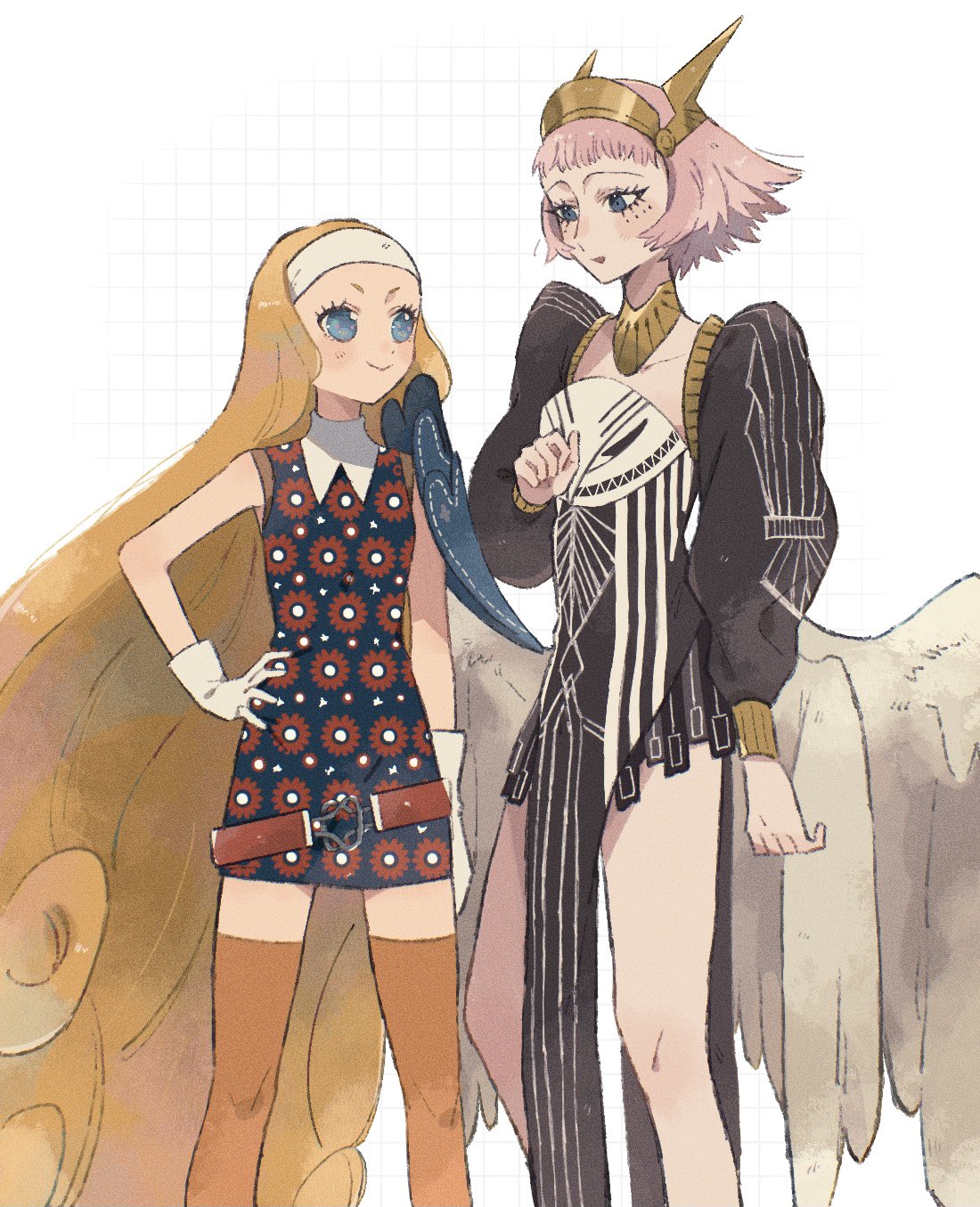 2girls, absurdly_long_hair, arm_up, belt, blonde_hair, blue_eyes, collared_dress, commentary