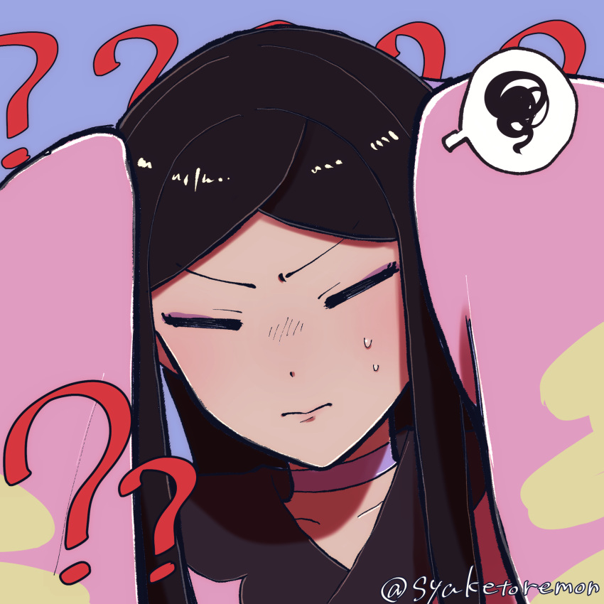 1girl, ?, ??, black_hair, blue_background, choker, closed_eyes, eyeshadow