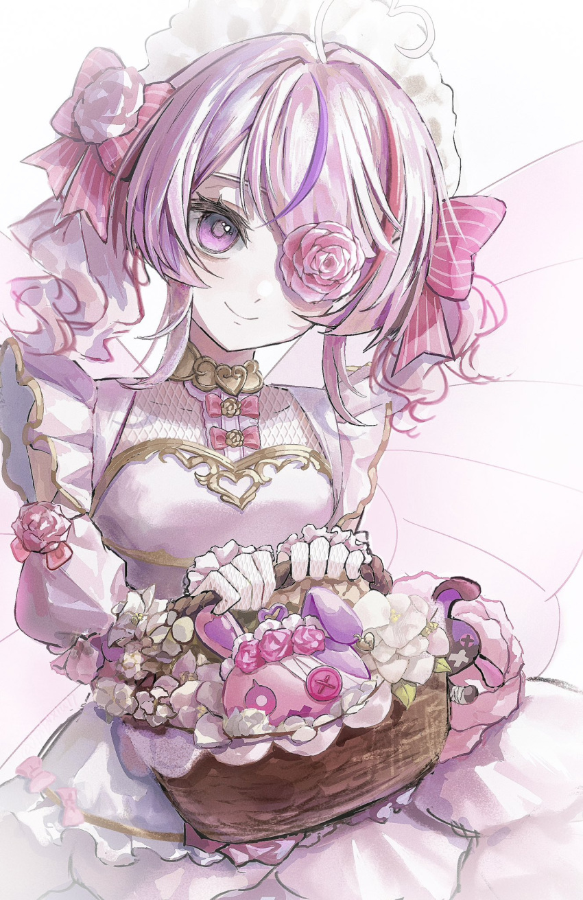 1girl, ahoge, basket, blush, butterfly_wings, clothing_cutout, dress, flower, flower_basket, flower_over_eye, heart, heart_ahoge, highres, holding, holding_basket, insect_wings, maria_marionette, marippet_(maria_marionette), multicolored_hair, nijisanji, nijisanji_en, pink_dress, pink_eyes, pink_hair, pipixiu77, shoulder_cutout, simple_background, smile, solo, streaked_hair, virtual_youtuber, white_background, white_headdress, wings