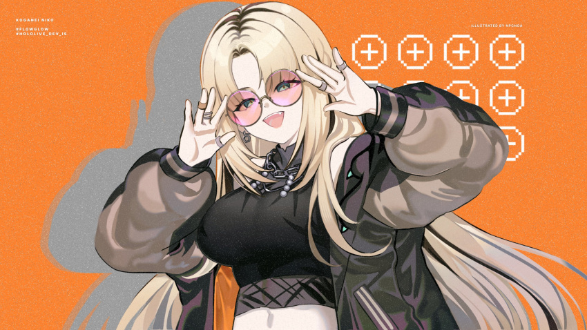 1girl, artist_name, black_hair, black_jacket, black_shirt, blonde_hair, breasts, chain