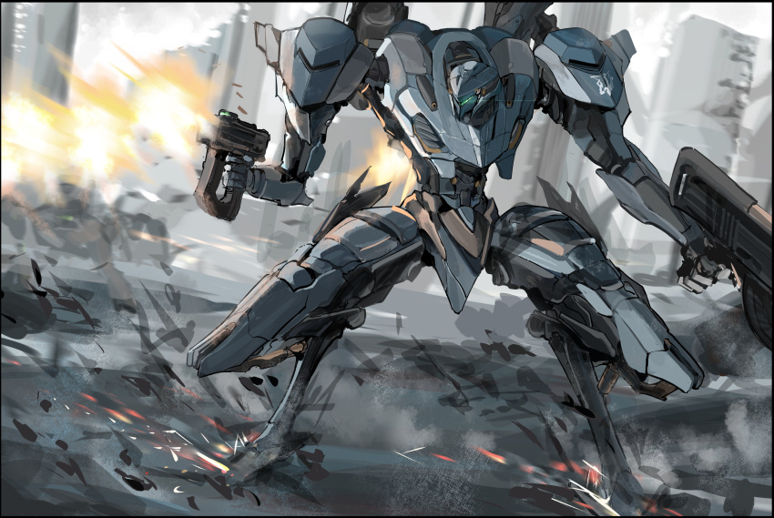 absurdres, armored_core, armored_core_6, assault_visor, city, dual_wielding, gun, highres