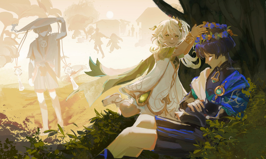 1girl, 2boys, 5others, absurdres, against_tree, alternate_headwear, alternate_skin_color, anemo_symbol_(genshin_impact)