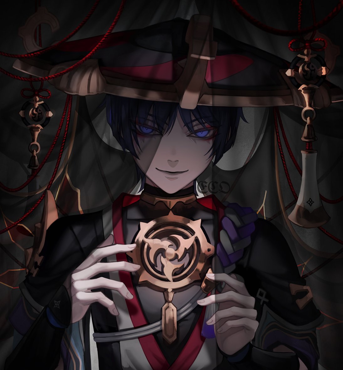 1boy, armor, black_bodysuit, black_hair, black_hat, black_kimono, black_sleeves, black_veil