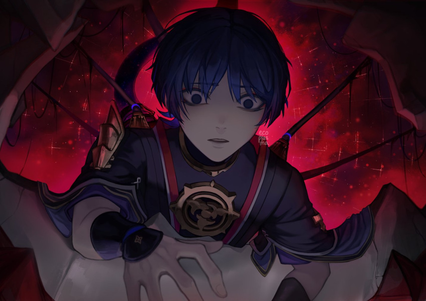 1boy, armor, bags_under_eyes, black_hair, black_kimono, black_sleeves, blunt_ends, cable