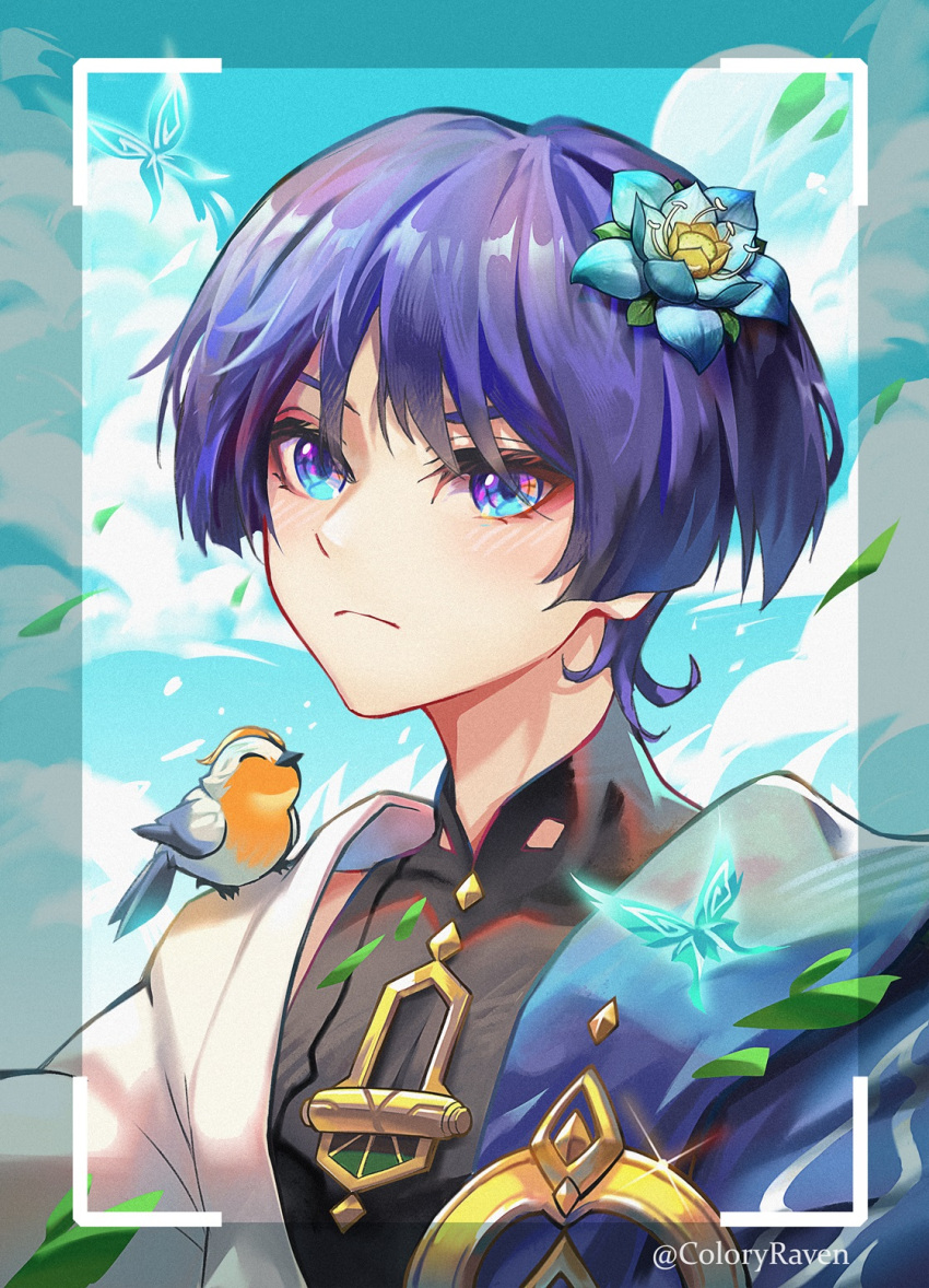 1boy, animal_on_shoulder, bird, bird_on_shoulder, black_bodysuit, blue_cape, blue_eyes, blue_flower