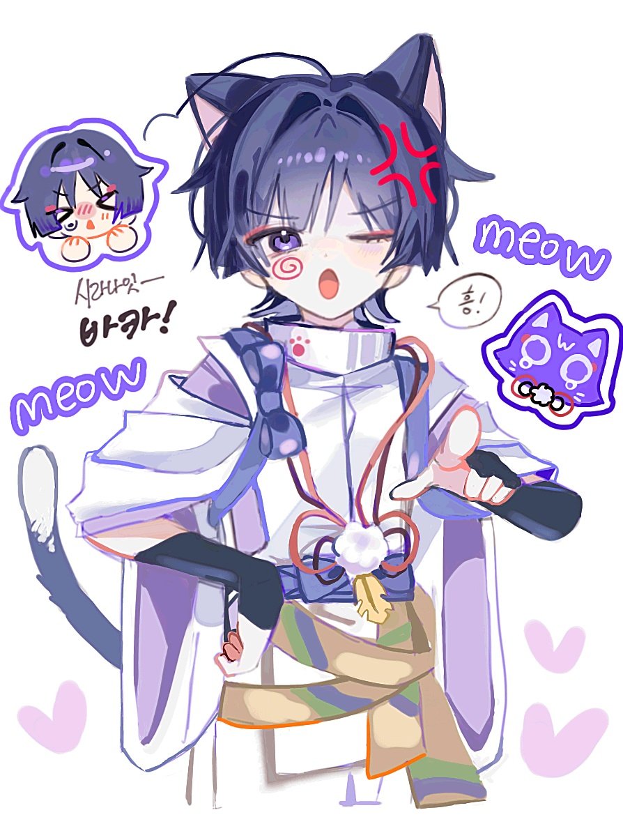 >_<, 1boy, anger_vein, animal_ears, armor, blunt_ends, bow, cat_ears, cat_tail, ckiows, clothing_cutout, disembodied_head, eyelashes, eyeliner, eyeshadow, feathers, genshin_impact, hair_intakes, hand_on_own_hip, japanese_armor, japanese_clothes, kariginu, kimono, korean_text, kote, kurokote, layered_clothes, layered_kimono, layered_sleeves, looking_at_viewer, makeup, male_focus, one_eye_closed, open_mouth, paw_print, pelvic_curtain, pointing, pointing_at_viewer, pom_pom_(clothes), purple_bow, purple_hair, purple_kimono, purple_sash, purple_sleeves, red_eyeliner, red_eyeshadow, sash, scaramouche_(cat)_(genshin_impact), scaramouche_(genshin_impact), scaramouche_(kabukimono)_(genshin_impact), shoulder_cutout, solo, sound_effects, string, tail, tasuki, translation_request, triangle_mouth, violet_eyes, white_background, white_sleeves, yellow_feathers