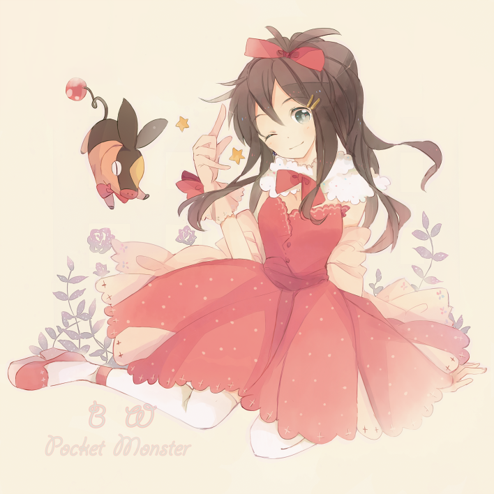 1girl, bow, breasts, brown_hair, dress, english, green_eyes, hair_bow