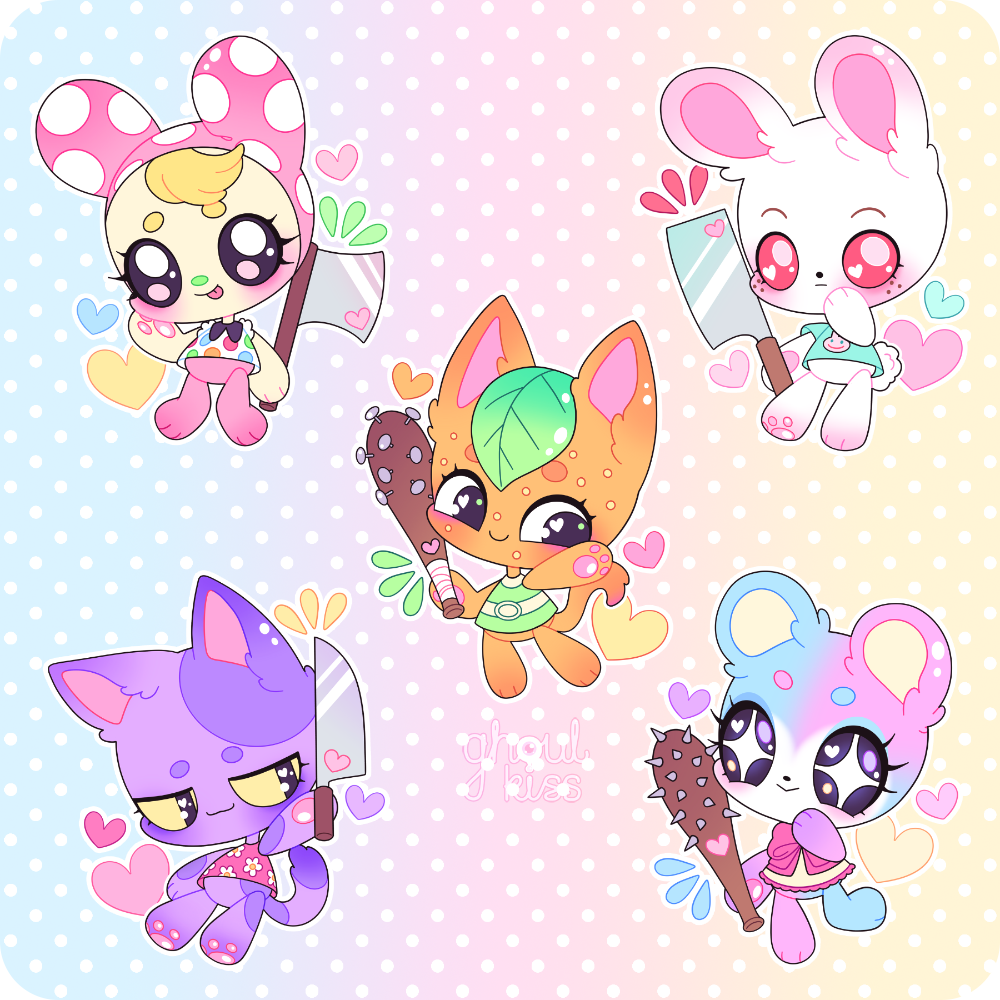 1boy, 4girls, animal_crossing, animal_ears, animal_hands, aqua_shirt, axe, baseball_bat