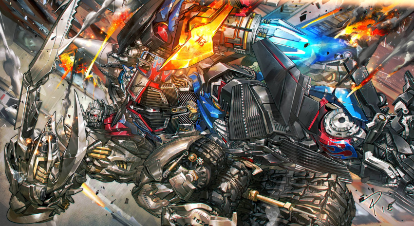 arm_cannon, blue_eyes, energy_blade, glowing, glowing_eyes, highres, humanoid_robot, jetpack, mecha, megatron, optimus_prime, red_eyes, robot, science_fiction, seafood_pie, thrusters, transformers, transformers:_revenge_of_the_fallen, transformers_(live_action), weapon