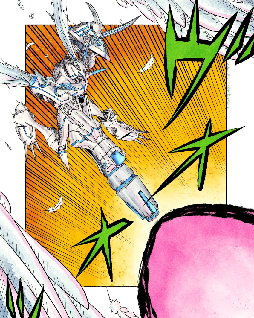 arm_blade, arm_cannon, armor, artcetona, border, digimon, digimon_(creature), feathered_wings