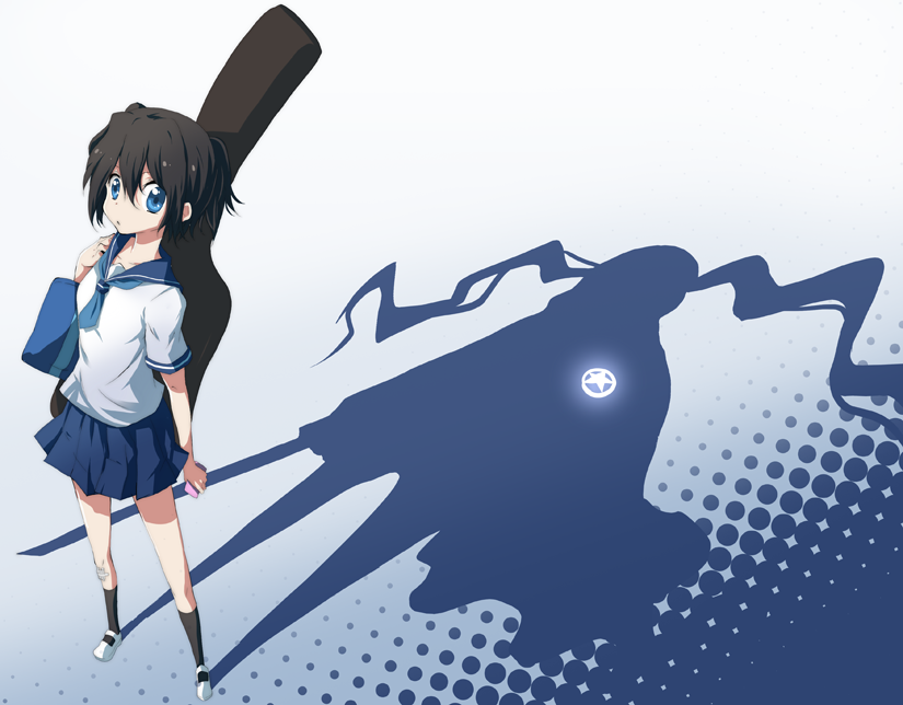 1girl, black_hair, black_rock_shooter, black_rock_shooter_(character), blue_eyes, blue_sailor_collar, blue_skirt, daniwae, dual_persona, guitar_case, instrument_case, kuroi_mato, pleated_skirt, sailor_collar, school_uniform, serafuku, shadow, short_twintails, silhouette, skirt, solo, twintails