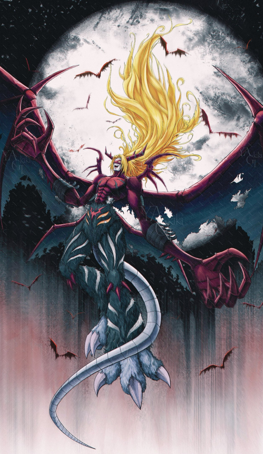 bat_(animal), blonde_hair, colored_skin, demon, digimon, digimon_(creature), extra_eyes, full_moon