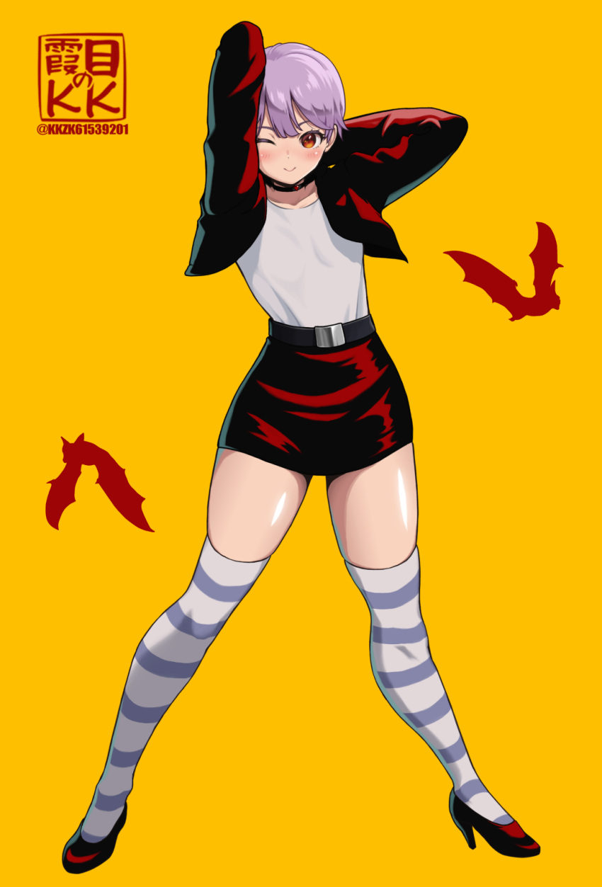 1girl, collarbone, cropped_jacket, darkstalkers, flat_chest, full_body, grey_thighhighs, high_heels