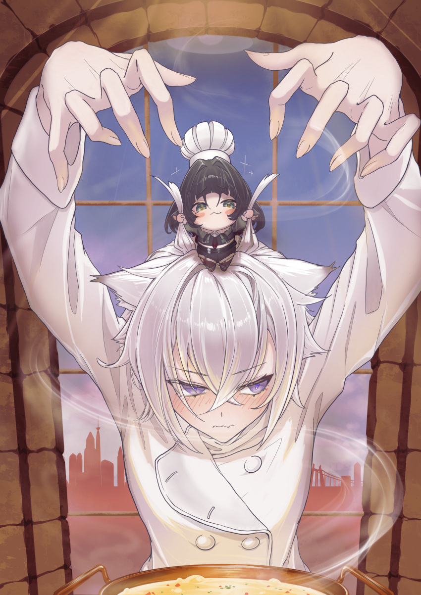 1boy, 1girl, absurdres, animal_ears, black_hair, blunt_bangs, cat_boy, cat_ears