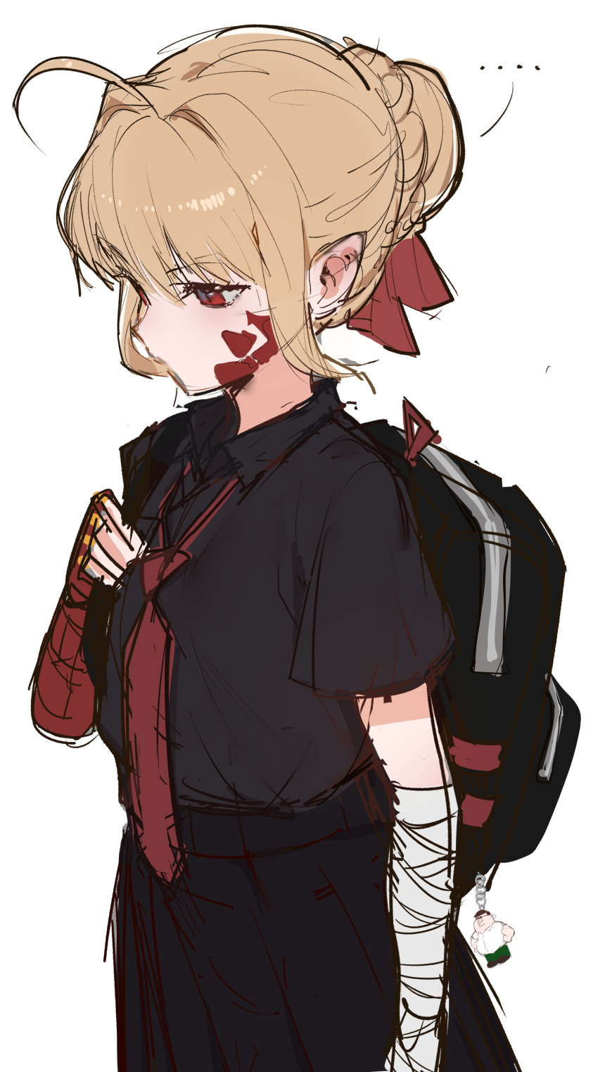 ..., 1girl, absurdres, ahoge, backpack, bag, bandages, black_shirt