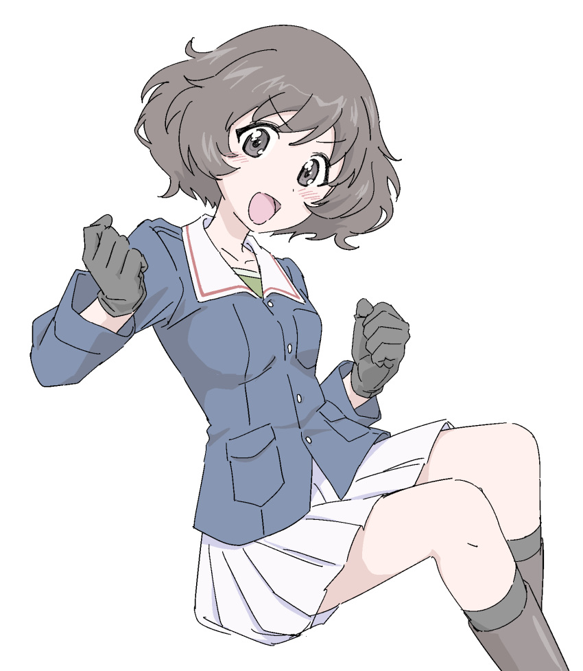 1girl, akiyama_yukari, black_footwear, black_gloves, black_socks, blue_jacket, boots, brown_eyes