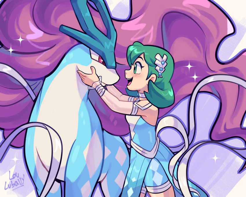 1girl, blue_dress, closed_mouth, dress, green_eyes, green_hair, hair_ornament, halter_dress