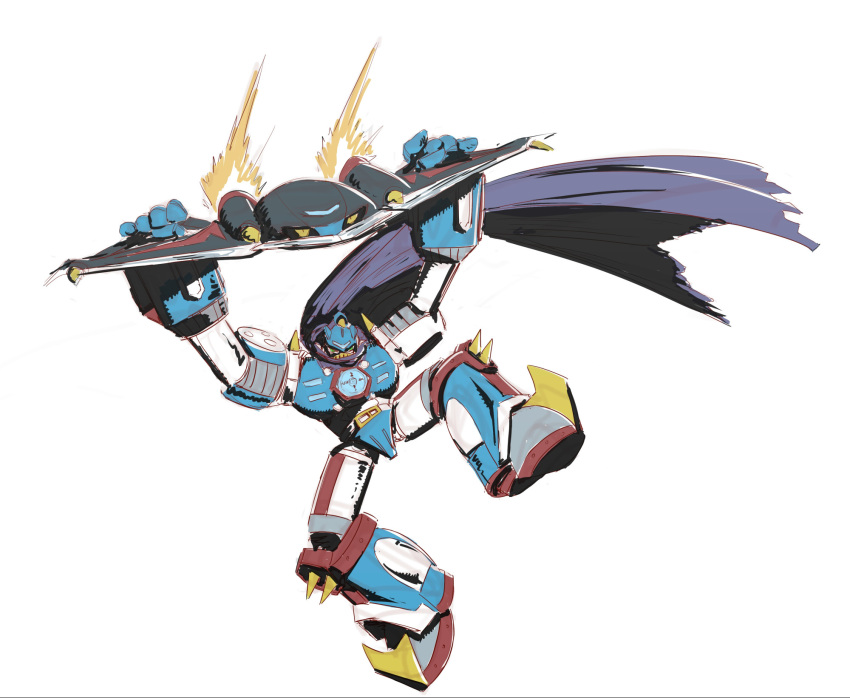 armor, black_cape, blue_armor, cape, digimon, digimon_(creature), english_commentary, full_body, highres, holding, humanoid_robot, invisimon, mecha, midair, nimadj, robot, simple_background, sketch, white_background