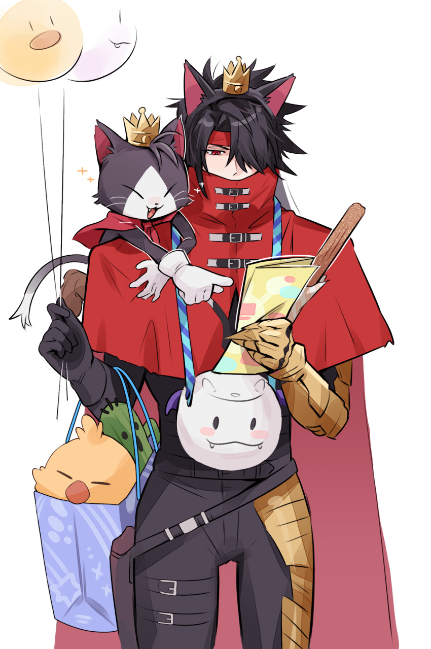 animal_ears, az_(pixiv_108058292), bag, balloon, black_gloves, black_hair, black_pants, cait_sith_(final_fantasy)
