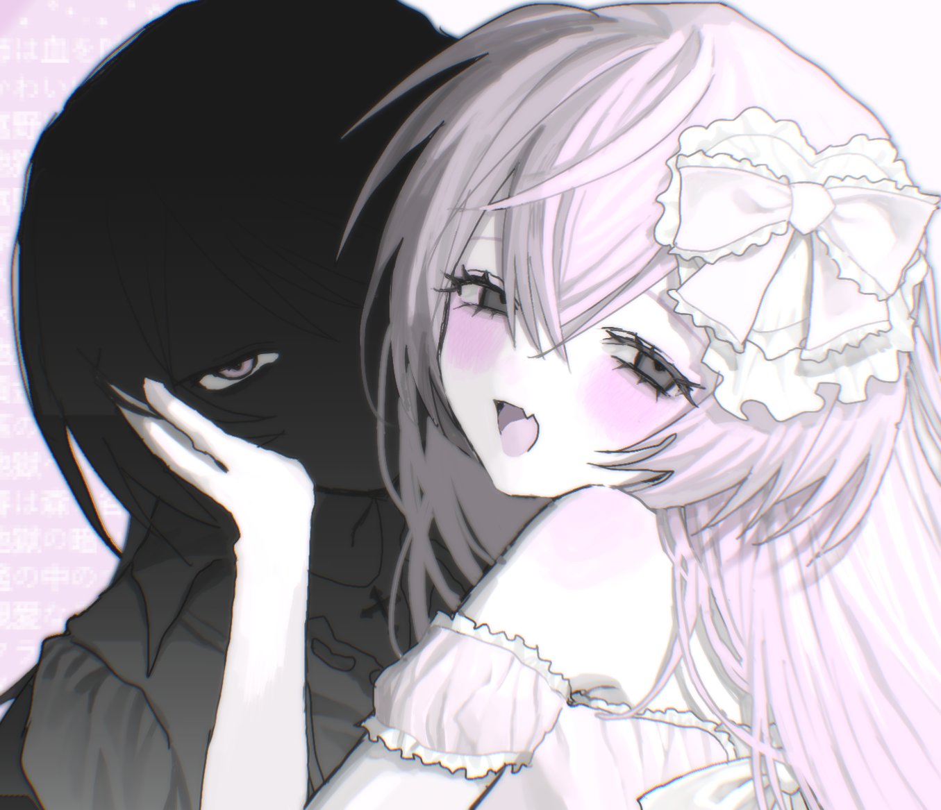 2girls, armpit_crease, bare_shoulders, blush, bow, dress, fang, frills