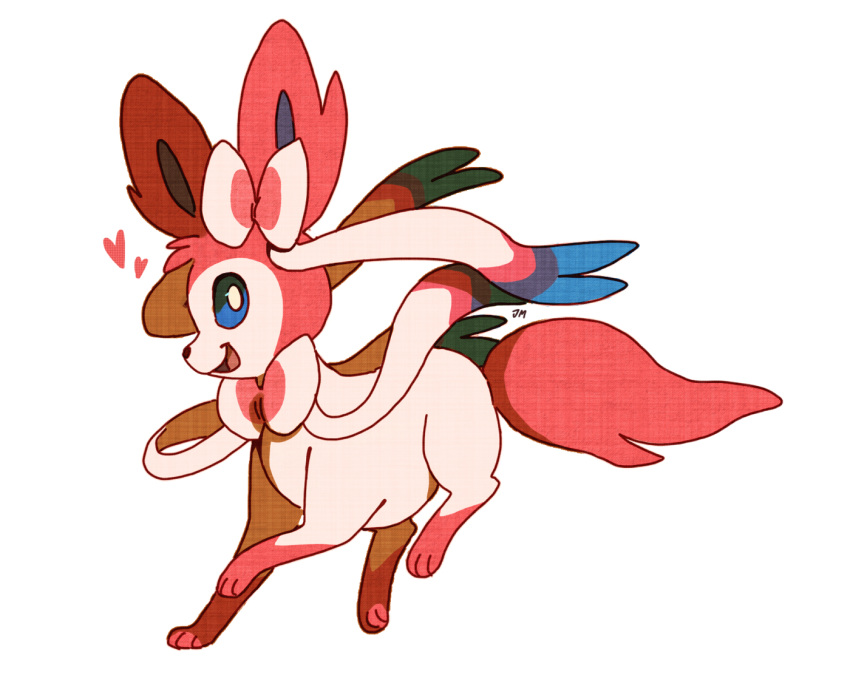 animal_focus, artist_initials, artist_name, blue_eyes, bluekomadori, bright_pupils, commentary, english_commentary, from_side, full_body, happy, looking_at_viewer, no_humans, open_mouth, pokemon, pokemon_(creature), running, simple_background, smile, solo, sylveon, white_background, white_pupils